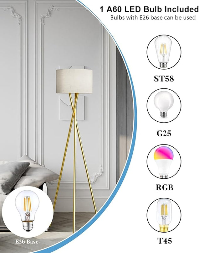 66IN Tripod Floor Lamp, Gold Standing Lamps with E26 Bulb Included, Mid Century Modern Tall Lamps for Living Room Bedroom Home Decor - LeafyLoom