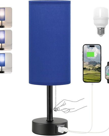 Blue Table Bedside Lamp for Bedroom Nightstand - Small Lamp with USB A + C Charging Port, 3 Color Temperatures Pull Chain Night Stand Light with Bulb, Side Table Desk Reading Lamp for Living Room - LeafyLoom