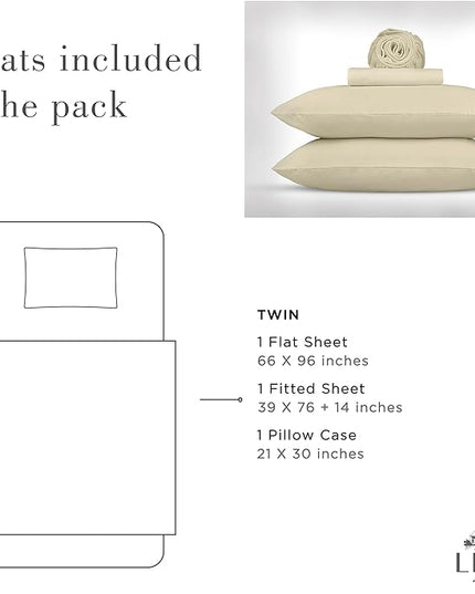 Linen Home Washed Cotton Percale Twin Sheet Set, Ivory, Deep Pocket, 3 Pieces Bed Sheets - 1 Flat Sheet, 1 Fitted Sheet & 1 Envelope Closure Pillowcase, Cool and Comfortable Bed Linen - LeafyLoom