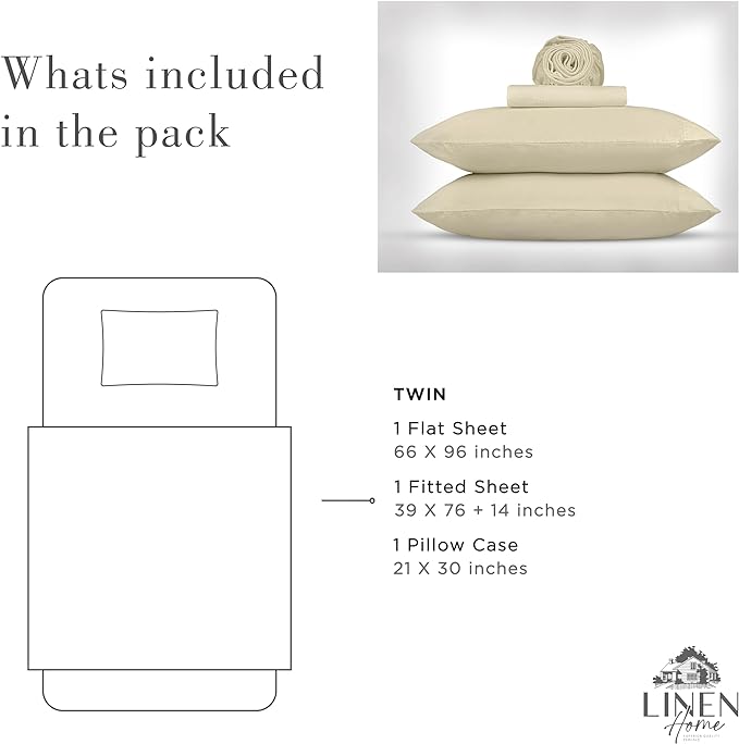 Linen Home Washed Cotton Percale Twin Sheet Set, Ivory, Deep Pocket, 3 Pieces Bed Sheets - 1 Flat Sheet, 1 Fitted Sheet & 1 Envelope Closure Pillowcase, Cool and Comfortable Bed Linen - LeafyLoom