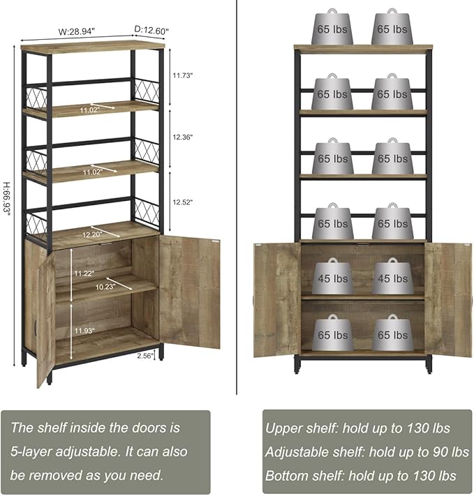 Rustic Bookcase with Storage Cabinet, Farmhouse Tall Bookshelf with Doors, Industrial Wood Metal Book Shelf for Home Office, Living Room, Bedroom (Rustic Oak) - LeafyLoom