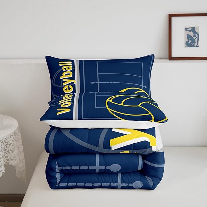 Feelyou Volleyball Bedding Set King Size Sports Game Comforter Set for Kids Boys Girls Decor Volleyball Player Comforter Microfiber Blue Yellow Duvet Set Bedroom Quilt Set - LeafyLoom