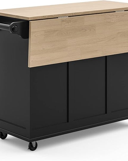 Homestyles Dolly Madison Kitchen Cart with Wood Top and Drop Leaf Breakfast Bar, Rolling Mobile Kitchen Island with Storage and Towel Rack, 54 Inch Width, Black - LeafyLoom