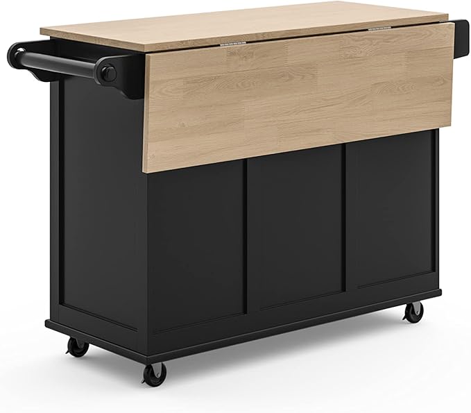 Homestyles Dolly Madison Kitchen Cart with Wood Top and Drop Leaf Breakfast Bar, Rolling Mobile Kitchen Island with Storage and Towel Rack, 54 Inch Width, Black - LeafyLoom
