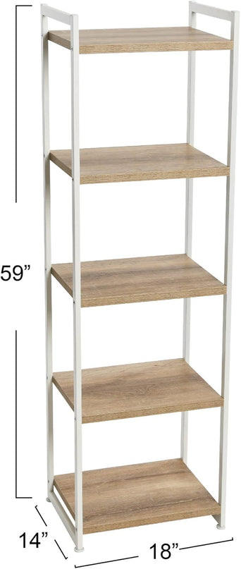 Household Essentials Jamestown Narrow 5 Shelf Open Storage Bookshelf Coastal Oak Rustic Wood Grain and White Metal - LeafyLoom