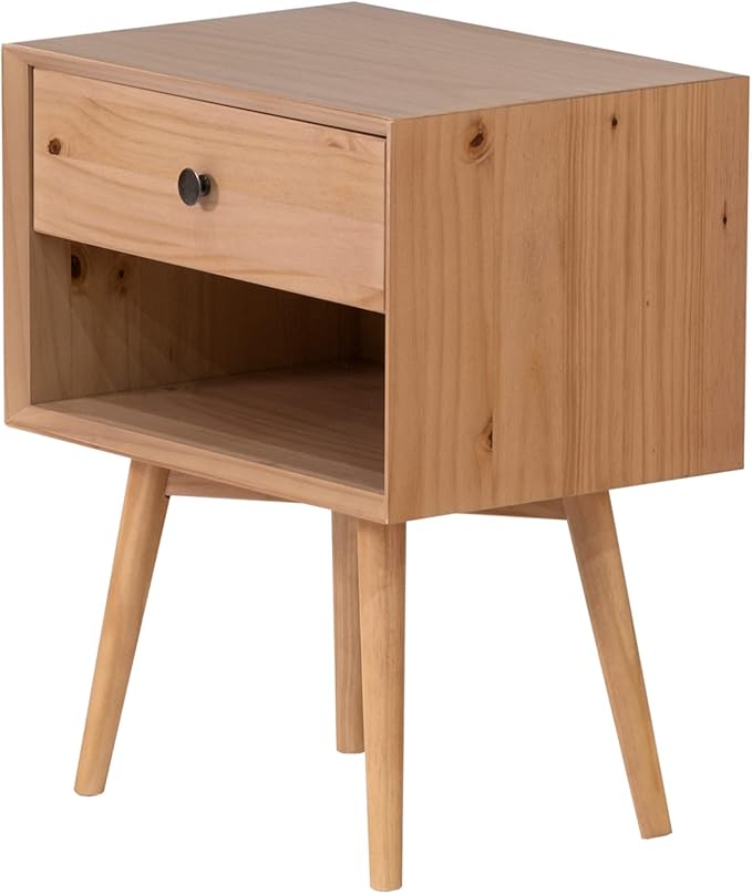 Walker Edison Mid Century Modern 1 Nightstand Bedroom Storage Drawer and Shelf Bedside End Table, 24 Inch, Natural Pine - LeafyLoom