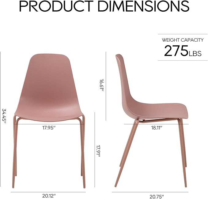 COLAMY Stackable Dining Chairs Set of 4, Indoor Outdoor Dining Room Side Chairs with Metal Legs, Modern Plastic Patio Chairs for Home/Kitchen/Office/Resturant/Bistro/Cafe, Pink - LeafyLoom
