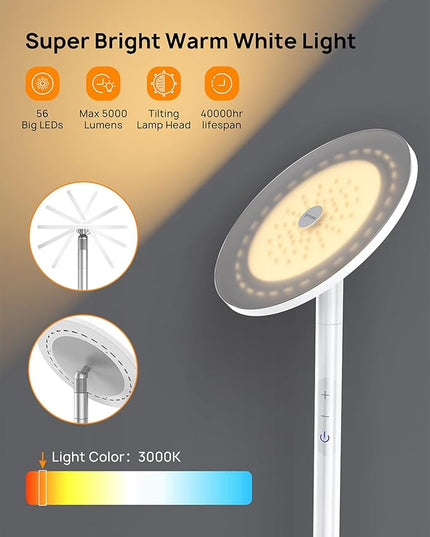 TROND Floor Lamp, 5000LM Super Bright Sky LED Modern Torchiere Standing Lamp, 3000K Warm White with 5-Level Dimmable, 71 in Tall Pole Light, 30-Minute Timer, Modular Rod, Wall Switch Compatible - LeafyLoom