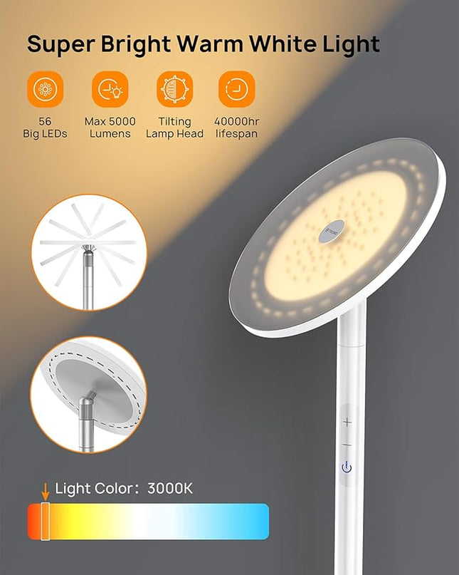 TROND Floor Lamp, 5000LM Super Bright Sky LED Modern Torchiere Standing Lamp, 3000K Warm White with 5-Level Dimmable, 71 in Tall Pole Light, 30-Minute Timer, Modular Rod, Wall Switch Compatible - LeafyLoom