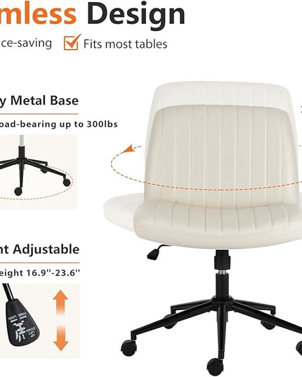 Sweetcrispy Criss Cross Office Chair with Wheels, Wide Armless Home Office Desk Chair with Dual-Purpose Base, Swivel Adjustable Leather Task Vanity Computer Chair, Cream - LeafyLoom