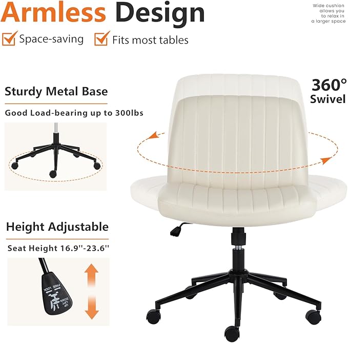 Sweetcrispy Criss Cross Office Chair with Wheels, Wide Armless Home Office Desk Chair with Dual-Purpose Base, Swivel Adjustable Leather Task Vanity Computer Chair, Cream - LeafyLoom