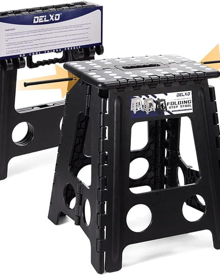Delxo 16” Folding Step Stool in Black,1 Pack Premium Heavy Duty Foldable Stool for Adults,Portable Collapsible Plastic Step Stool,Non Slip Folding Stools for Kitchen Bathroom Bedroom Up to 400LBS - LeafyLoom