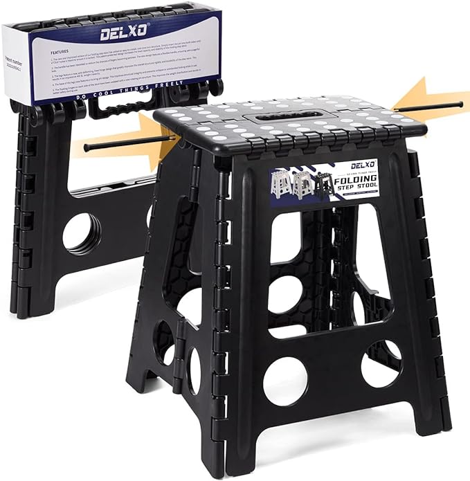 Delxo 16” Folding Step Stool in Black,1 Pack Premium Heavy Duty Foldable Stool for Adults,Portable Collapsible Plastic Step Stool,Non Slip Folding Stools for Kitchen Bathroom Bedroom Up to 400LBS - LeafyLoom