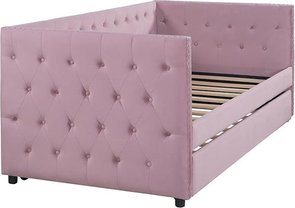 Twin Size Tufted Upholstered Daybed with Trundle, Solid Wood Velvet Bed with Rivet Design, No Box-spring Needed, for Living Room, Bedroom, Dorm, Space-Saving Design - LeafyLoom