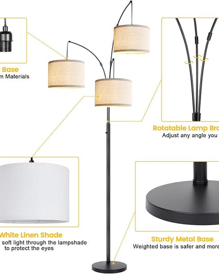 Dimmable Floor Lamp - 3 Lights Arc Floor Lamps for Living Room, 1000LM Modern Tall Standing Lamp with White Shades & Heavy Base, Mid Century Tree Floor Lamp for Bedroom Office, 3 LED Bulbs Included - LeafyLoom