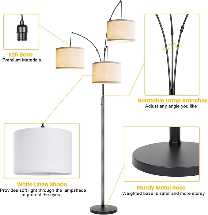 Dimmable Floor Lamp - 3 Lights Arc Floor Lamps for Living Room, 1000LM Modern Tall Standing Lamp with White Shades & Heavy Base, Mid Century Tree Floor Lamp for Bedroom Office, 3 LED Bulbs Included - LeafyLoom