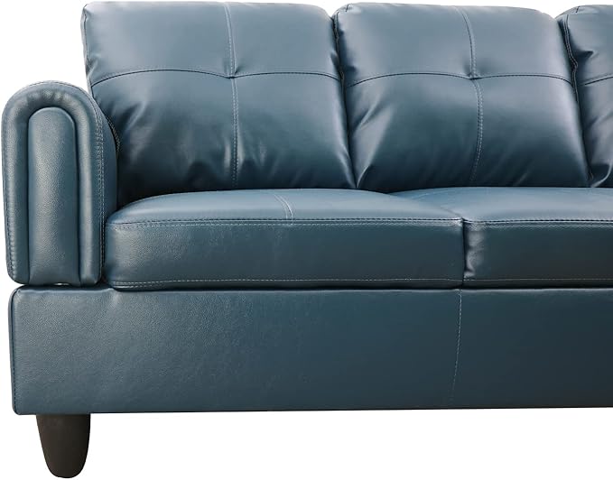 ROOMTEC Button 3 Piece L Shape Sectional Sofa Set, Upholstered Corner Couch with Storage Ottoman, Faux Leather Tufted Cushions, for Living Room, Apartment, 97inch, Denim w/Right Chaise Lounge - LeafyLoom