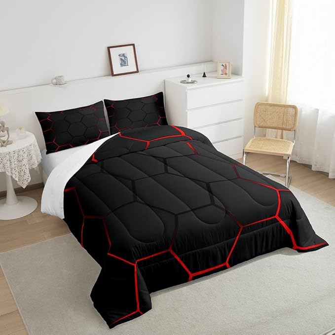 Honeycomb Bedding Set Honeycomb Modern Geometry Hexagon Theme Comforter Set for Kids Boys Children Geometrical Comforter Ultra Soft Beehive Black Red Decor Duvet Set Twin Size - LeafyLoom