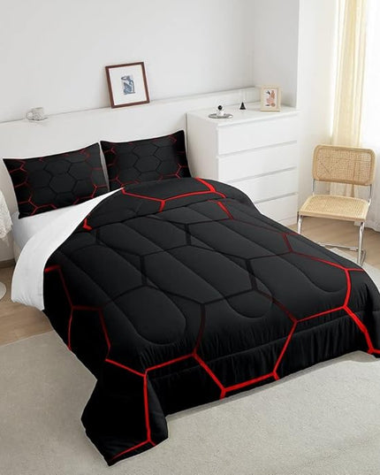 Honeycomb Bedding Set Honeycomb Modern Geometry Hexagon Theme Comforter Set for Kids Boys Children Geometrical Comforter Ultra Soft Beehive Black Red Decor Duvet Set King Size - LeafyLoom