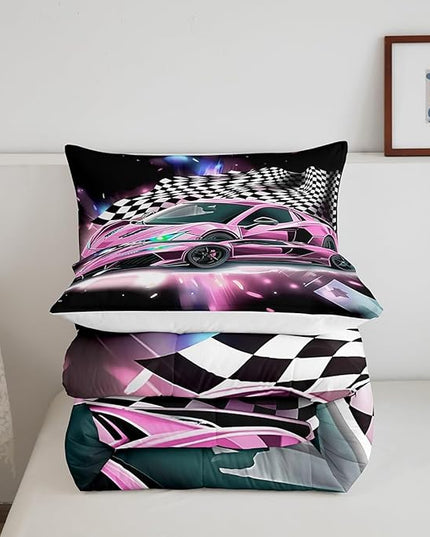 Pink Race Car Bedding Set King Size,Racing Flag Black White Lattice Duvet Cover with 2 Pillowcases,Extreme Sport Game Comforter Cover for Kids Youths Boys Girls Room Decor,Modern Quilt Cover - LeafyLoom