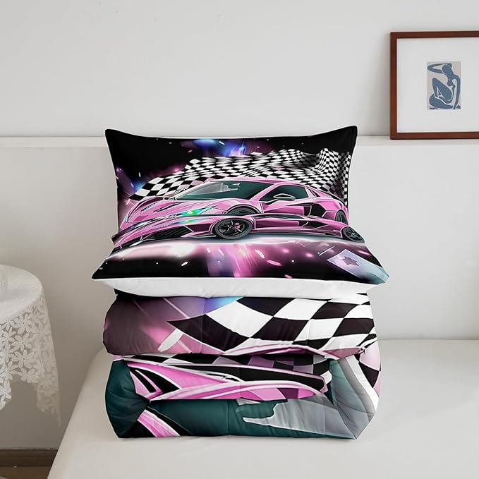 Pink Race Car Bedding Set King Size,Racing Flag Black White Lattice Duvet Cover with 2 Pillowcases,Extreme Sport Game Comforter Cover for Kids Youths Boys Girls Room Decor,Modern Quilt Cover - LeafyLoom