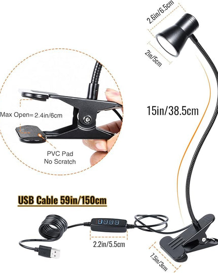 Clip Desk Lamp, USB Reading Light, Flexible Neck Led Clamp Light with 3 Color Temperature Options, 10 Dimmable Brightness Levels for Working, Studying (8W) - LeafyLoom