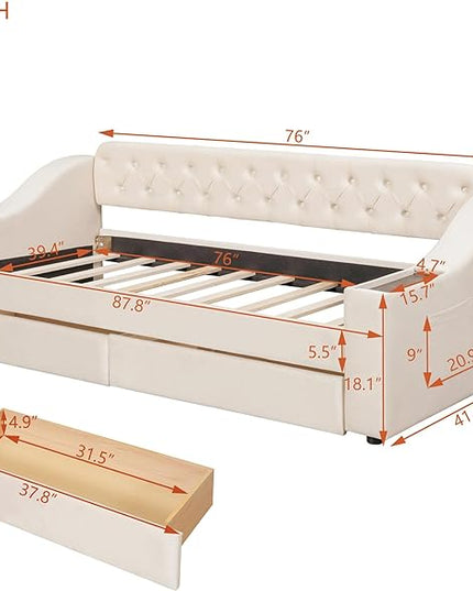 Twin Size Daybed with Storage Armrests & 2 Drawers,Upholstered Sofa Bed W/USB Ports & Button Tufted Backrest,No Box Spring Needed,Multi-Function Bedframe for Living Room Bedroom,Beige Velvet - LeafyLoom