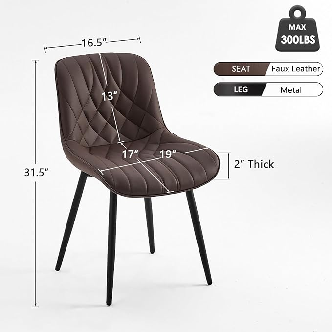 YOUNUOKE Dining Chairs Set of 2 Mid Century Modern Kitchen Chair Comfortable Upholstered Faux Leather Dinner Chairs for Kitchen Dining Room, Brown - LeafyLoom