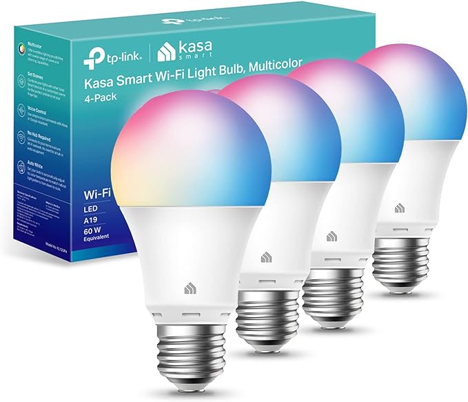 Kasa Smart Light Bulbs, Full Color Changing Dimmable Smart WiFi Bulbs Compatible with Alexa and Google Home, A19, 9W 800 Lumens,2.4Ghz only, No Hub Required, 4 Count (Pack of 1), Multicolor (KL125P4) KasaSmartbyTP-Link