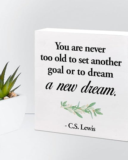 Inspirational Wood Box Sign Desk Decor,You are Never Too Old to Set Another Goal Wood Plaque Signs,Rustic Positive Wooden Block Sign for Home Office Shelf Desk Table Decoration C1064 - LeafyLoom
