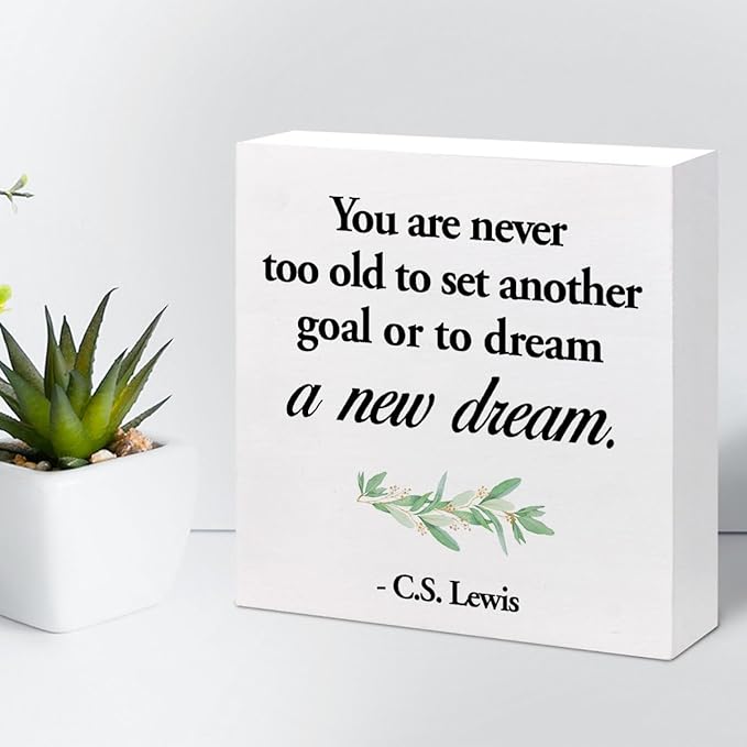 Inspirational Wood Box Sign Desk Decor,You are Never Too Old to Set Another Goal Wood Plaque Signs,Rustic Positive Wooden Block Sign for Home Office Shelf Desk Table Decoration C1064 - LeafyLoom