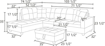 ROOMTEC Button L Shape 3 Piece Sectional Sofa Set, Upholstered Corner Couch with Storage Ottoman, Faux Leather Tufted Cushions, for Living Room, Apartment, 103inch, Deer Brown w/Left Chaise Lounge - LeafyLoom