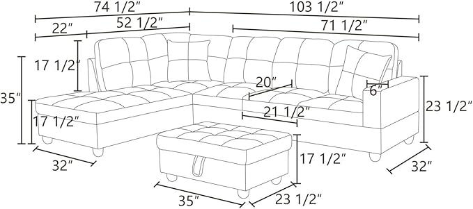 ROOMTEC Button L Shape 3 Piece Sectional Sofa Set, Upholstered Corner Couch with Storage Ottoman, Faux Leather Tufted Cushions, for Living Room, Apartment, 103inch, Deer Brown w/Left Chaise Lounge - LeafyLoom