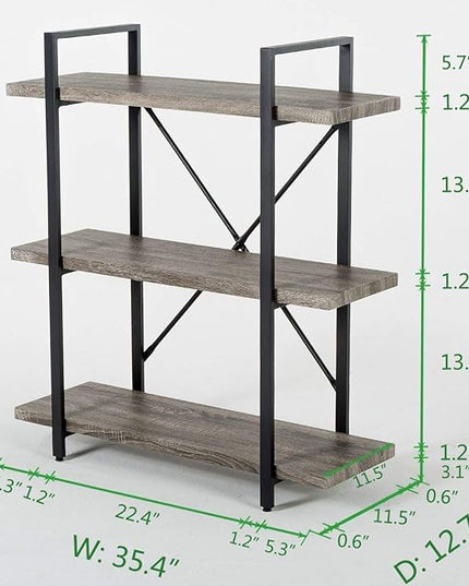 HSH 3-Shelf Bookcase, Rustic Gray 3 tier Bookshelf, Vintage Industrial Wooden and Metal Display and Storage Bookshelves Tower for Home Office Livingroom Bedroom Light Grey Oak - LeafyLoom