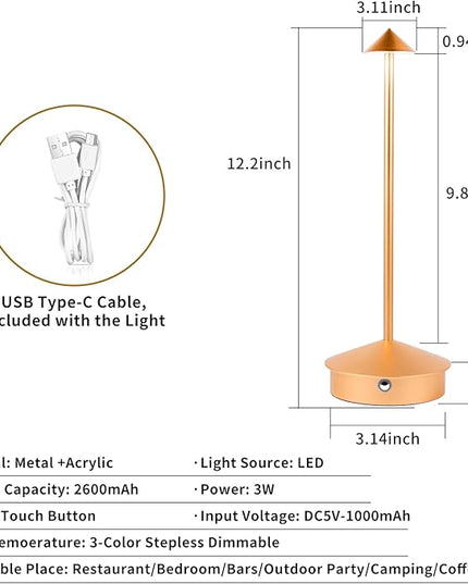 Rechargeable Battery Operated Desk Lamp with Touch Sensor Cordless Portable LED Table Lamp， Three-Level Dimmable Suitable for Bars/Cafes/Restaurants/Bedrooms/Camping Sites (Rose Gold) - LeafyLoom