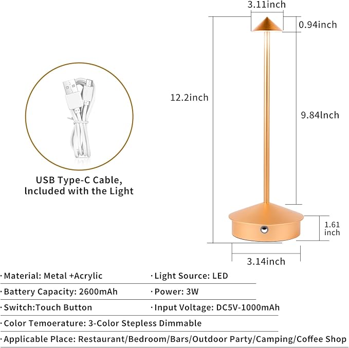 Rechargeable Battery Operated Desk Lamp with Touch Sensor Cordless Portable LED Table Lamp， Three-Level Dimmable Suitable for Bars/Cafes/Restaurants/Bedrooms/Camping Sites (Rose Gold) - LeafyLoom