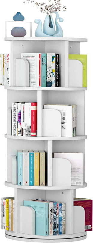 Rotating Bookshelf 51.2", White Wood Bookcase for Kids and Adults, 360 Display 4 Tier Small Corner Book Shelf Organizer, Floor Standing Storage Rack for Bedroom, Living Room, White - LeafyLoom