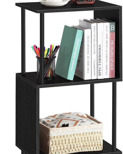 ETELI 3 Tier Small Bookshelf Black Book Shelf for Small Spaces S Shaped Bookcase Organizer for Office, Kids, Living Room Bedroom Home Corner - LeafyLoom