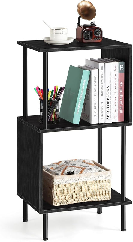 ETELI 3 Tier Small Bookshelf Black Book Shelf for Small Spaces S Shaped Bookcase Organizer for Office, Kids, Living Room Bedroom Home Corner - LeafyLoom