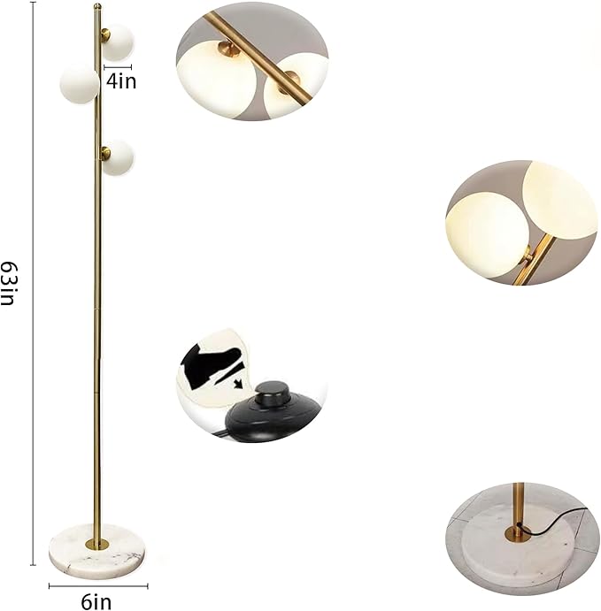 3-Globe Mid Century Floor Lamp for Living Room, Modern Dimmable Tall Standing Lamp with Frosted Glass Shades, Contemporary Gold Pole Lamp for Bedroom Office （Bulbs Included） - LeafyLoom