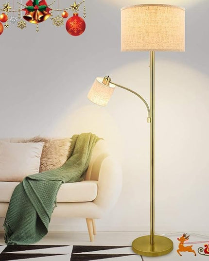 DLLT Rustic Floor Lamps for Living Room- Modern Tall Pole Light With Adjustable Reading Light, Vintage Standing Lamp for Contemporary Mid-Century Bedroom, Study Room, Fabric Shade E26(Bulb Included) - LeafyLoom