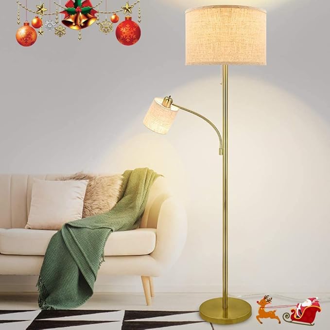 DLLT Rustic Floor Lamps for Living Room- Modern Tall Pole Light With Adjustable Reading Light, Vintage Standing Lamp for Contemporary Mid-Century Bedroom, Study Room, Fabric Shade E26(Bulb Included) - LeafyLoom