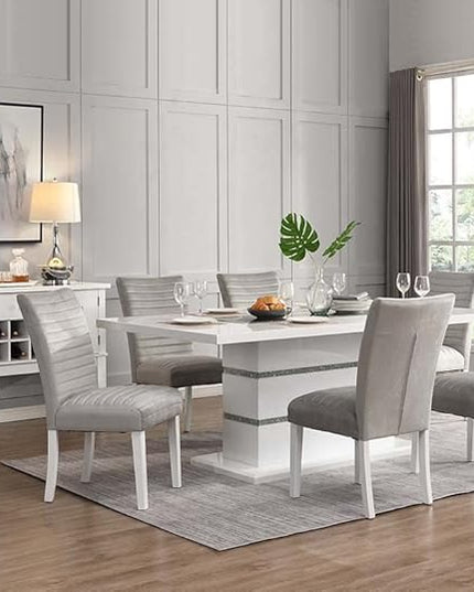 NicBex Dining Table Contemporary Kitchen Table Farmhouse Rustic Dining Table, Gray Velvet, Faux Crystal Diamonds &White High Gloss Finish Rectangular Dining Table, Easy Assembly, White - LeafyLoom
