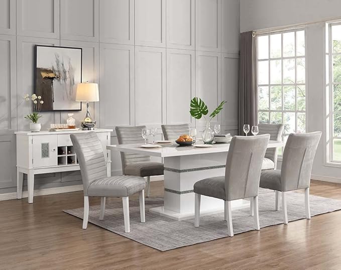 NicBex Dining Table Contemporary Kitchen Table Farmhouse Rustic Dining Table, Gray Velvet, Faux Crystal Diamonds &White High Gloss Finish Rectangular Dining Table, Easy Assembly, White - LeafyLoom