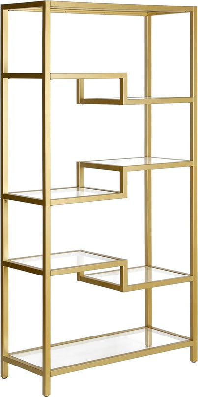 Henn&Hart 68" Tall Rectangular Bookcase in Brass, for Home Office, Living Room - LeafyLoom