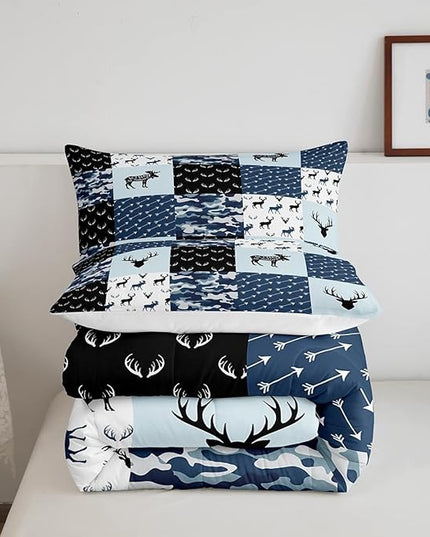 Cute Deer Comforter Set Full, Military Camo Bedding Set for Kids Boys Teens Bedroom Tribal Animal Antlers Silhouette Quilted Comforter Checkered Plaid Arrows Bedding Comforters, Army Blue and White - LeafyLoom