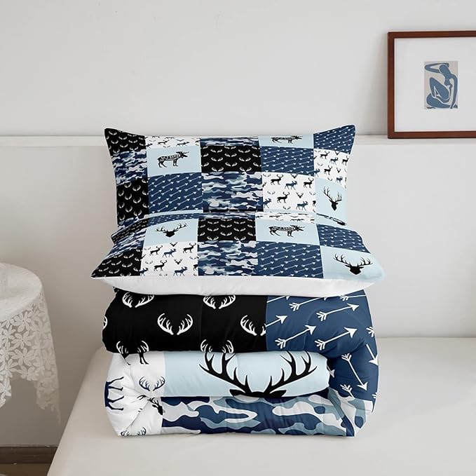 Cute Deer Comforter Set Queen, Military Camo Bedding Set for Kids Boys Teens Bedroom Tribal Animal Antlers Silhouette Quilted Comforter Checkered Plaid Arrows Bedding Comforters, Army Blue and White - LeafyLoom