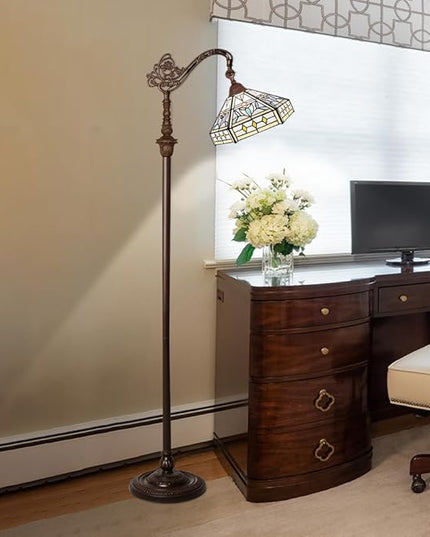 Capulina Tiffany Floor Lamp 62 Inches Tall Mission Hexagon Virgin Style Stained Glass Soft Light Arched Gooseneck Adjustable Angle Reading Floor Lamp for Living Room Bedroom Home Office - LeafyLoom