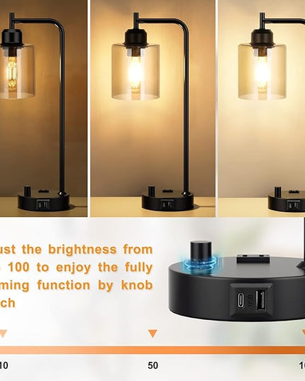 Industrial Bedside Desk Lamps for Bedroom - Grey Smoked Glass Shade Table Lamp with USB C Port, Fully Dimmable Small Lamps with USB Port and Outlet, Reading Nightstand Lamps for Office Living Room - LeafyLoom