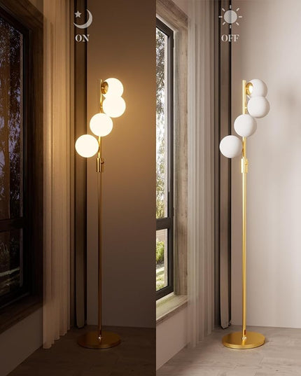 64IN Dimmable Gold Floor Lamp, Tall Standing Lamps with 4 Globe Soft Warm White Eye Care 3000K G9 Bulbs, Mid Century Modern Floor Lamp for Bedroom Office - LeafyLoom